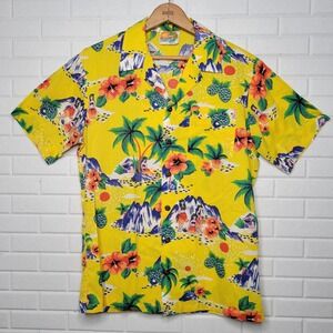 Vintage 1970s Kennington Mens Yellow Shirt Sz M Hula Girls Tiki Resort Beach